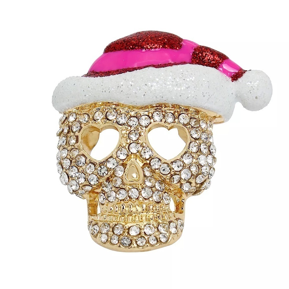 Betsey Johnson Holiday Santa Pink Crystal Skull Ring Size 6 New